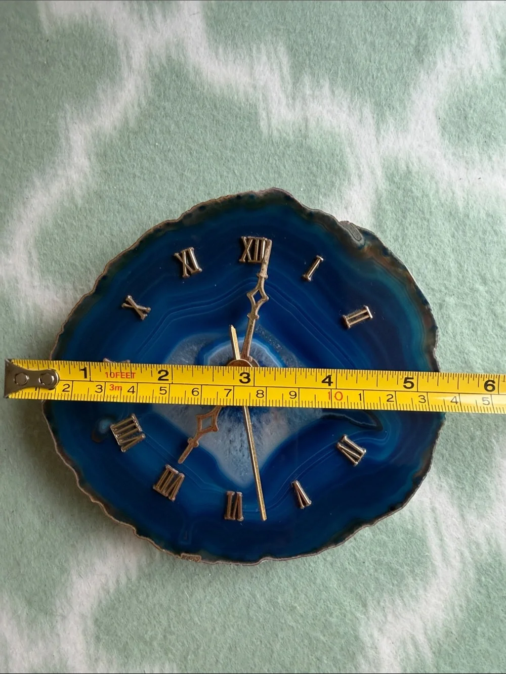 Handmade Blue Agate Wall Clock with Gold Accents - about 5.5”x5”